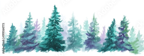 Watercolor Forest Landscape with Tall Evergreen Trees