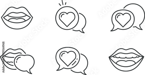 Collection of line art icons representing lips and speech bubbles with hearts