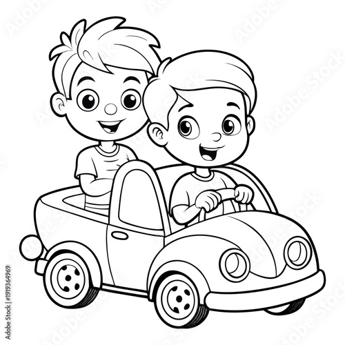 Black and White Cartoon Illustration of Two Boys Riding in a Toy Car with Smiling Faces and Short Hair on white background