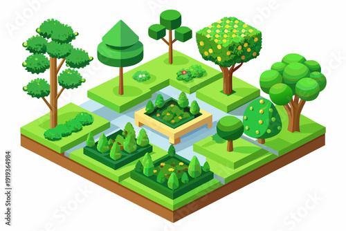 A vibrant isometric landscape illustration featuring an array of diverse green trees and plants arranged on elevated blocks with water elements.