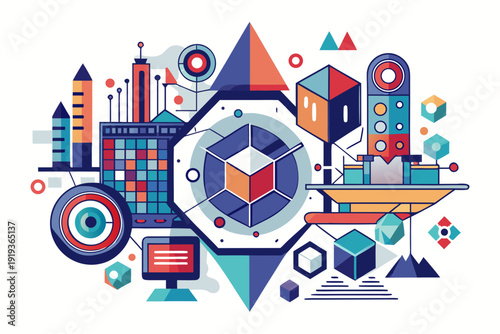 A complex and colorful abstract illustration combining diverse geometric shapes, architectural elements, and data visualization metaphors for modern technology concepts.