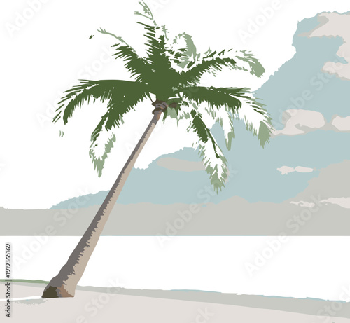Slender coconut palm tree slightly curved by wind, simple horizon line, tropical minimal scene 1