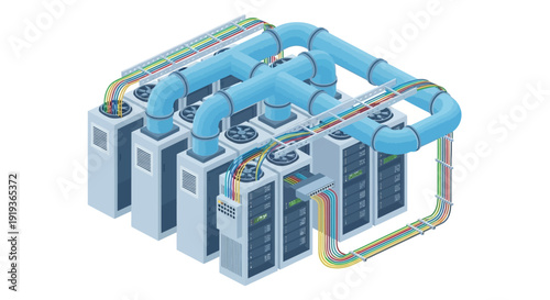 Industrial data center with servers and network infrastructure.