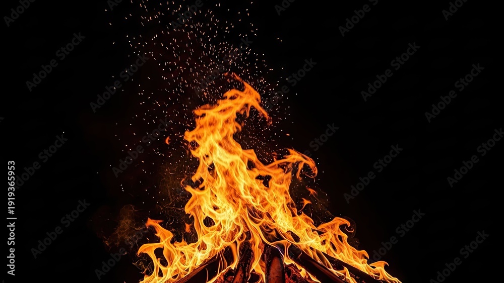 Obraz premium A large fire burns brightly in the dark with sparks flying everywhere