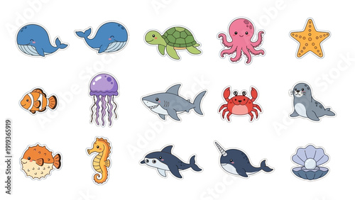 Collection of cute cartoon sea animals stickers.
