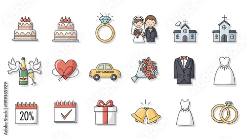 Collection of cute wedding-themed icons