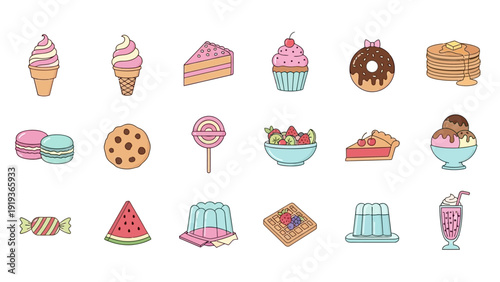 Assortment of colorful cartoon desserts and sweets
