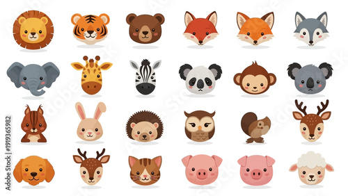 Collection of cute animal faces on a white background.
