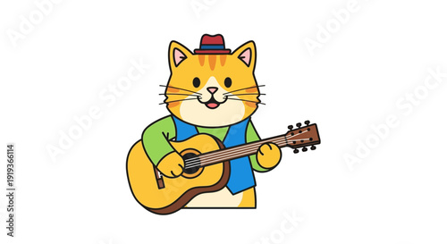 Cute cartoon cat playing acoustic guitar wearing a hat and colorful clothes.
