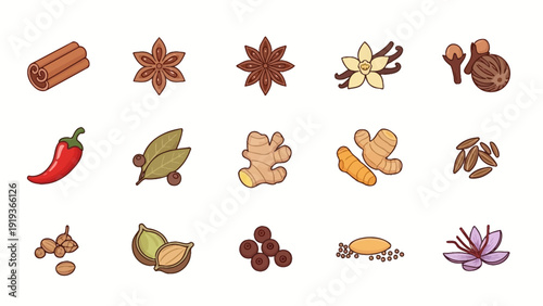 Set of vector icons featuring organic cooking spices and herbal food seasoning