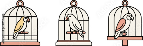 Three stylized birds in cages, each with a different color and perch style
