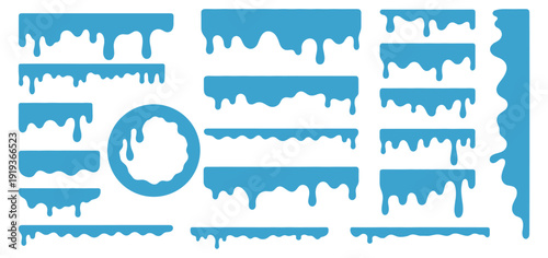 Blue paint drip and liquid splash set with flowing slime banners borders and abstract shapes, flat vector collection isolated on transparent background