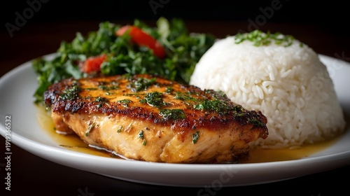 A delicious grilled chicken breast with rice and salad presented with dramatic lighting