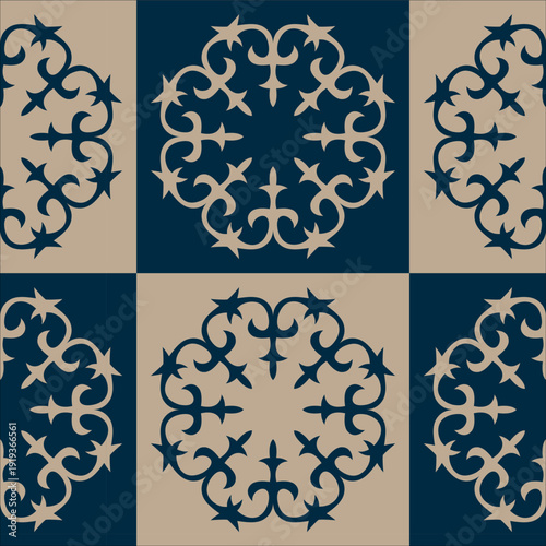 Kyrgyz Traditional Ornament Seamless Pattern in Navy and Beige. Traditional Ethnic Central Asian ornament nomadic of Asia, Kazakhs, Kyrgyz, Kalmyks, Mongols Turkmens. For carpet, ceramic