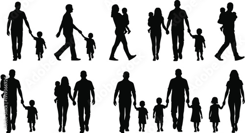 Family silhouette illustration, parent and child artwork, diverse family design vector, unity composition, companionship symbol, caring relationship concept
