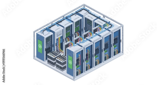 Data center server room with multiple server racks and cabling.