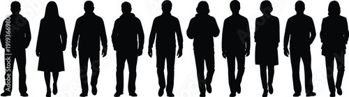 Human silhouette icon set, diverse figures, standing, walking, clothing styles, demographic representation, posture design, vector illustration