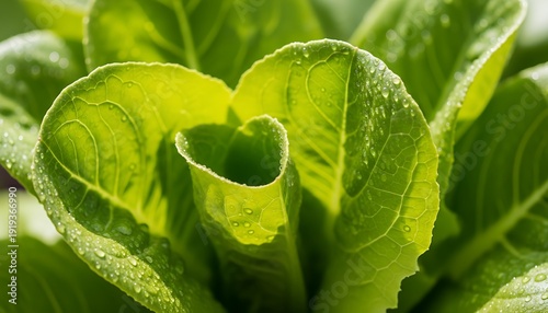 Fresh vibrant green leafy vegetable with dew drops, close-up macro shot showcasing organic texture and natural moisture, healthy food and nutrition concept