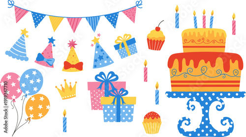 Whimsical hand-drawn birthday party set with tiered cake, balloons, and gifts in textured vector style