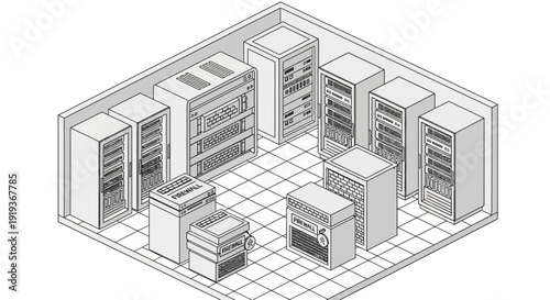 Isometric illustration of a data center with multiple server racks and equipment.