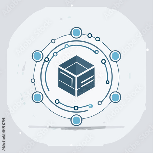 Abstract geometric cube with connecting dots and lines representing network and technology