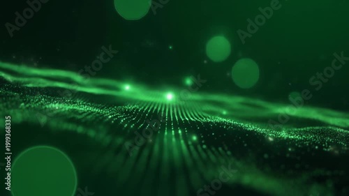 A flowing wave of green particles creates a shimmering abstract background with bright glowing lights and soft bokeh circles