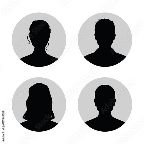 Vector set of front portraits in black silhouette of a woman and man, avatar illustration	
