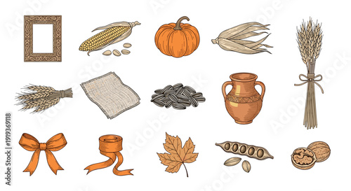 Collection of autumn harvest items including pumpkin leaves and grains