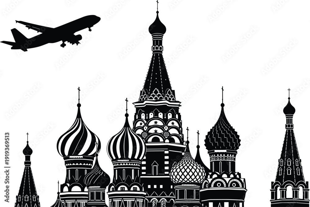 Ταπετσαρία Airplane over Russian cathedral silhouettes, Saint Basil style onion domes vecto