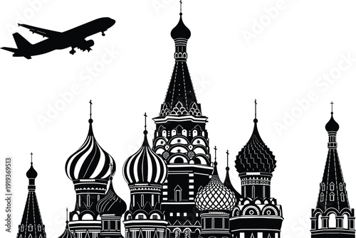 Airplane over Russian cathedral silhouettes, Saint Basil style onion domes vector illustration isolated on white background, travel architecture landmark design