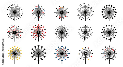 Collection of colorful dandelion seed heads with various designs