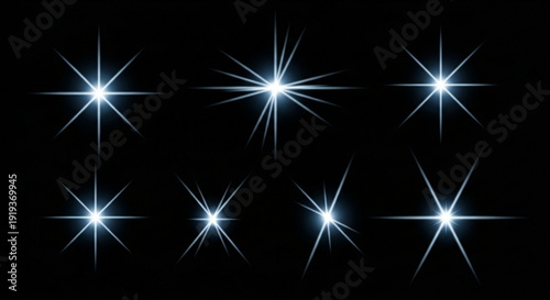 Glowing white starburst effects on black background shining bright lights radiant beam illustrations