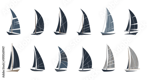 Collection of sailboats with sails in various positions on water