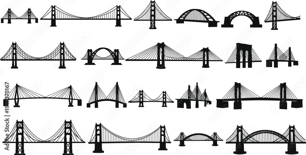 Fotografie Bridge silhouettes collection, suspension and cable stayed bridge vector illustr