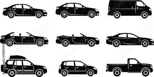 Car silhouette collection vector set, sedan coupe convertible SUV pickup and van black vehicle icons, modern automotive transport illustration isolated on white background for commercial design use