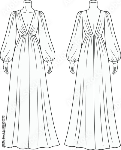 Deep V-neck long sleeve maxi dress cad drawing, front and back technical fashion sketch, elegant evening gown vector