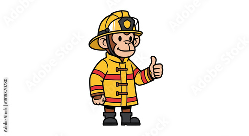 Cartoon firefighter monkey giving thumbs up in full protective gear.