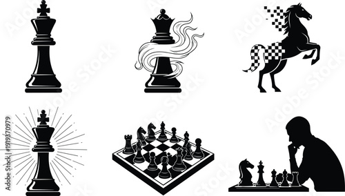 Chess silhouettes collection, king and queen pieces with chessboard vector illustration set isolated on white background, strategy game concept design elements
