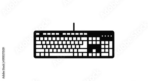 A black computer keyboard is shown in a stark silhouette