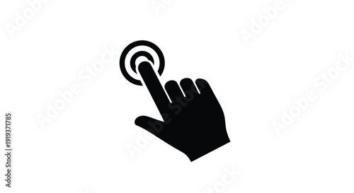 A black hand pointing to a circular button digital interaction silhouette