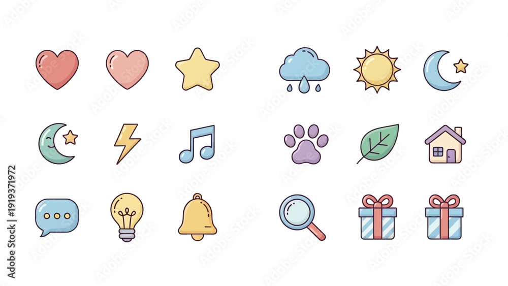 Fototapeta premium Set of cute pastel vector icons including heart star sun and weather symbols