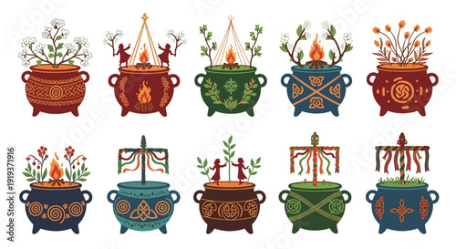 Collection of colorful traditional decorative pots with plants and candles