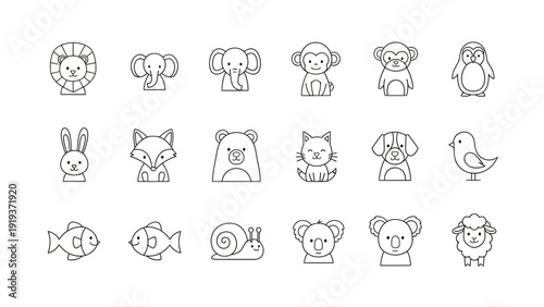 Set of cute animal icons in simple outline illustration style