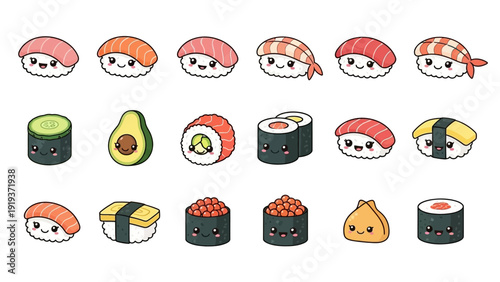 Collection of cute kawaii sushi and japanese food characters isolated on white background