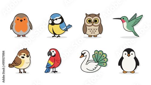Set of cute cartoon bird icons in flat design style isolated on white background