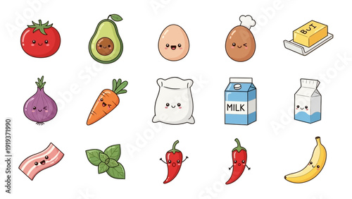 Set of cute kawaii food characters and ingredients isolated on white