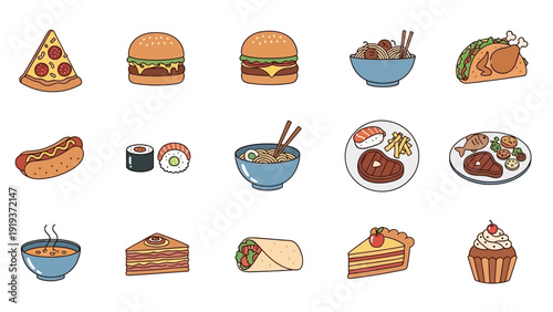 A vibrant collection of various delicious food icons and meals in cartoon style.