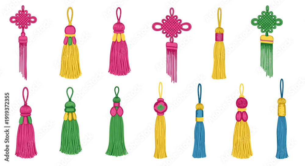 Fototapeta premium Collection of colorful decorative tassels with various shapes and sizes