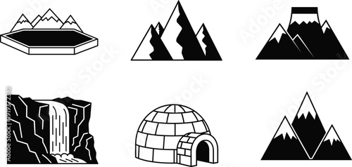 Frozen lake, snowy mountains, sharp peaks, igloo, waterfall, alpine landscape, cold climate icons, black and white vector illustration