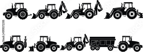 Tractor and backhoe loader silhouette vector set, agricultural machinery and construction equipment black isolated illustration collection